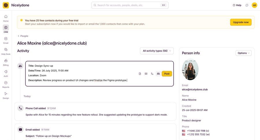 Outseta
			 sidebar onboarding dropdown filters activity tracking timeline view attachment trial banner ui page example
