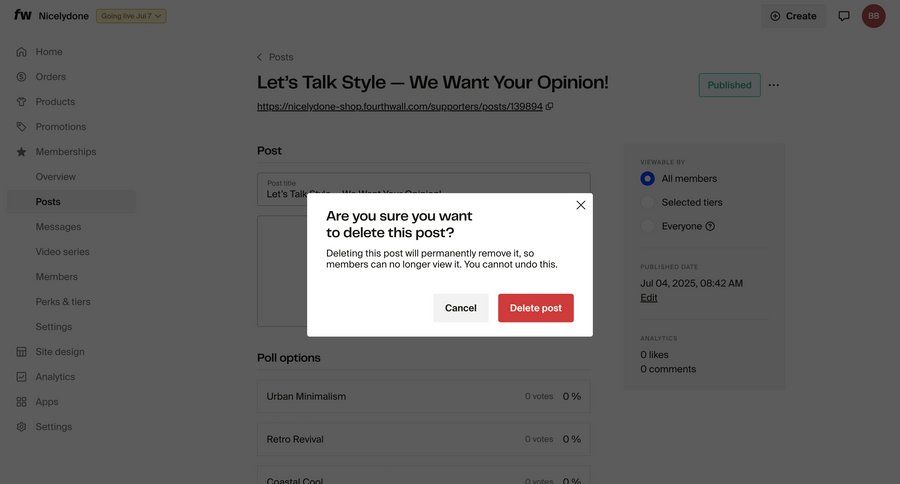 Fourthwall
			 modal screen content management e-commerce confirmation confirmation screen sidebar message confirmation message ui page example