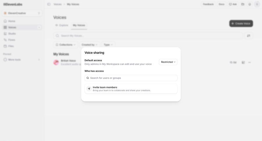 Elevenlabs
			settings share team modal & popover workspace settings invite teammate access control team collaboration workspace settings ui page example
