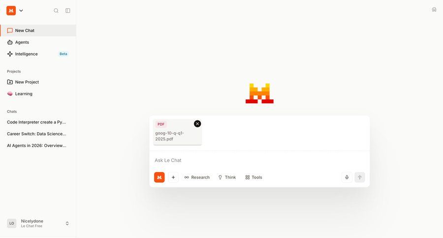 Mistral
			 sidebar navigation file upload conversational ui ui page example