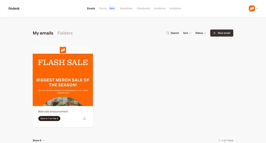 Flodesk
			 e-commerce grid email management customer communication email lists create announcement ui page example