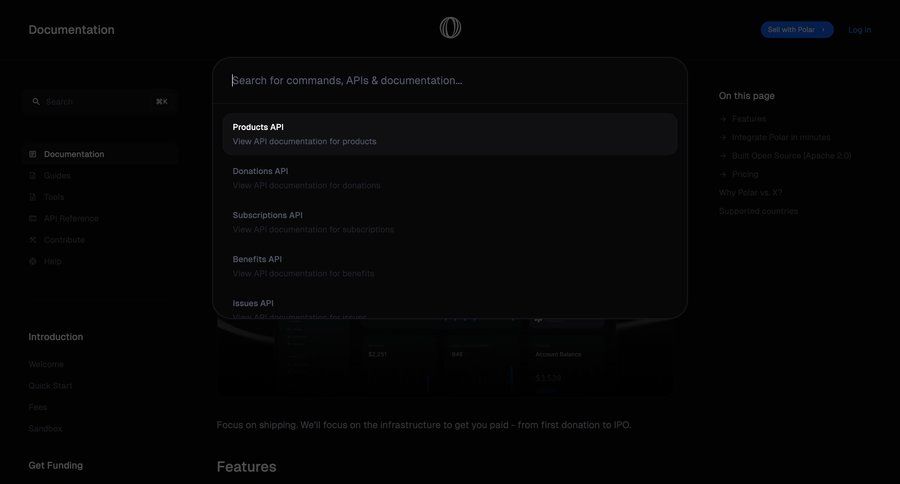 Polar
			documentation command palette doc documentation docs quick actions command k ui page example
