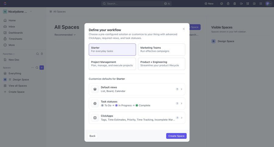 ClickUp
			 task management configuration project management workflow customize workflow creation create setup ui page example