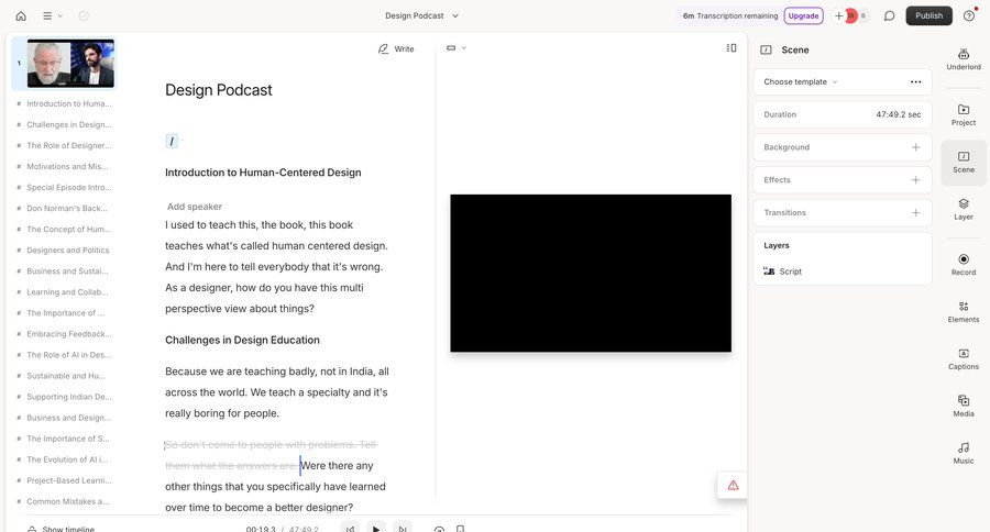 Descript
			content editor collection player content management settings sidebar navigation editor right sidebar video editor call transcript sidebar alert menu progress modern transcript ui page example