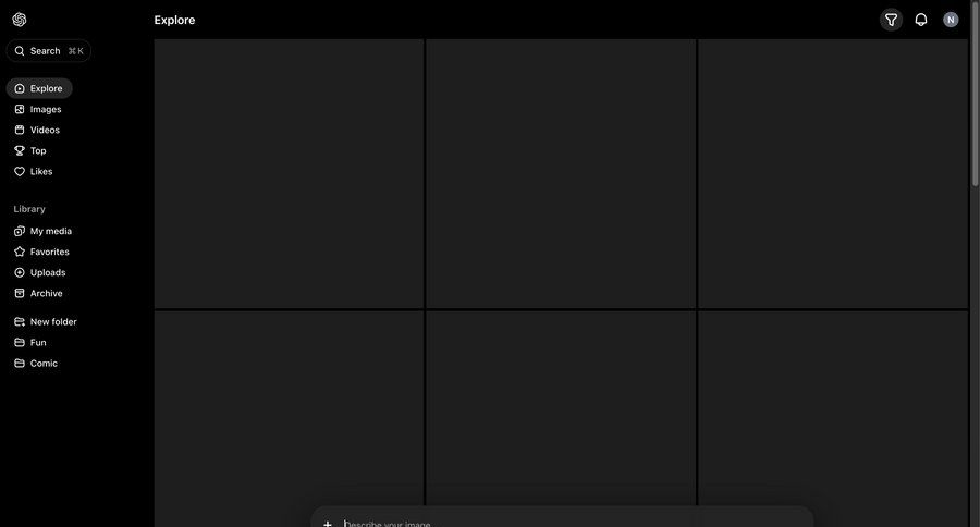 Sora
			 sidebar navigation grid full-screen layout content discovery filter controls filters dropdown dropdown filters sidebar create navigation menu menu search filters sorting filters search bar avatar upload controls ui page example