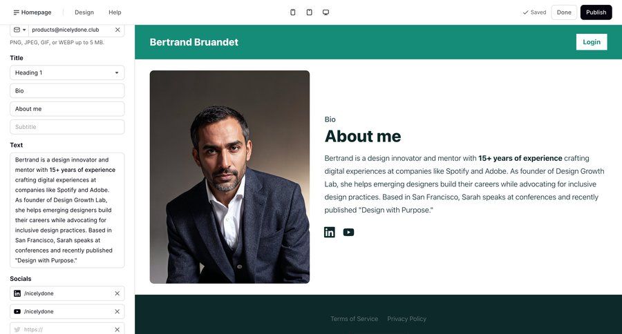 Podia
			 content management grid editor upload image sidebar profile page edit mode profile creation ui page example