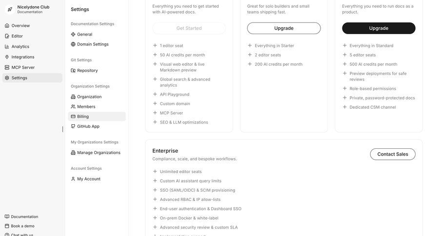 Documentation.AI
			 settings sidebar navigation account management account settings sidebar documentation organization settings card layout ui page example