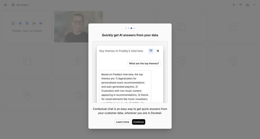 Dovetail
			 modal dialog conversational ui pagination ui page example