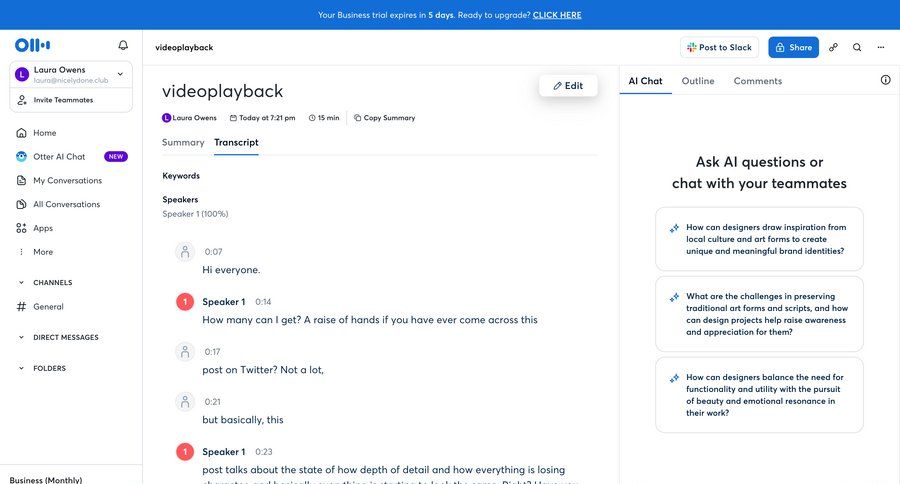 Otter
			 collaboration sidebar navigation conversational ui video player extend trial typography sidebar menu tips not found page not found conversational real-time editing transcript ui page example