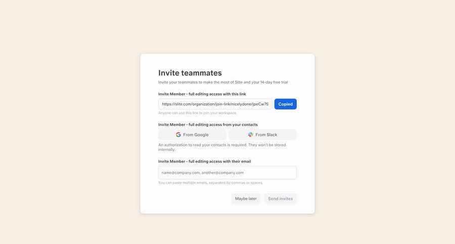 Slite
			 collaboration form user invitation ui page example