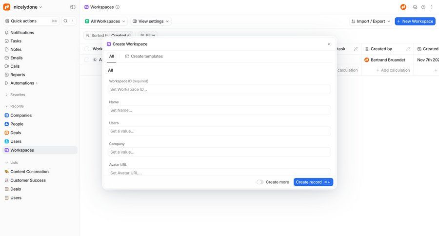 Attio
			 form workspace management workspace creation create ui page example