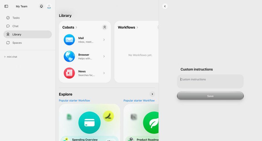 Cobot
			 configuration settings workflow management sidebar navigation bar ui page example