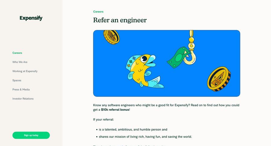 Expensify
			referral & invite your friends about & company mission features management pay bill ui page example