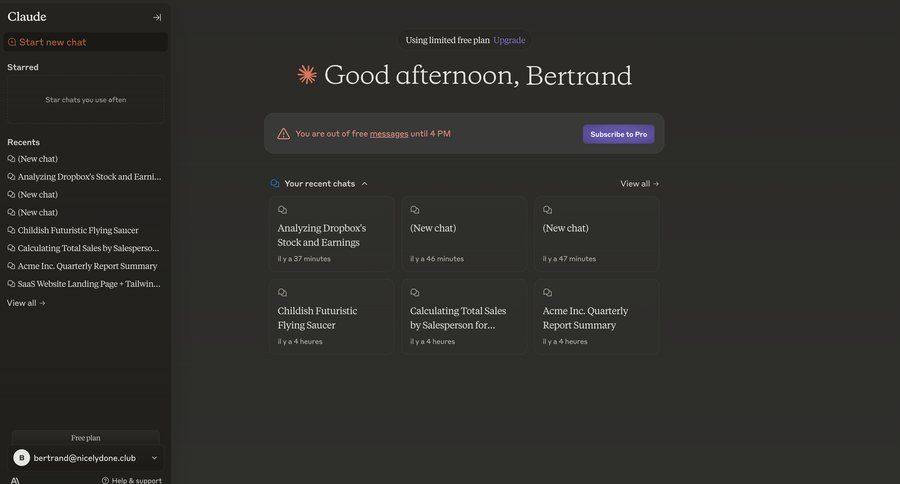 Claude
			 dashboard sidebar navigation dark theme free plan sidebar user profile alert communication chat ui page example