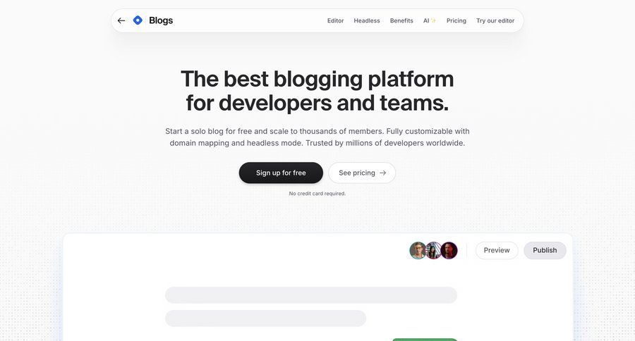 Hashnode
			 note creation audit log case studies dashboard layouts inline edit real-time editing version control markdown editor rich text newsletter signup comment mode ui page example