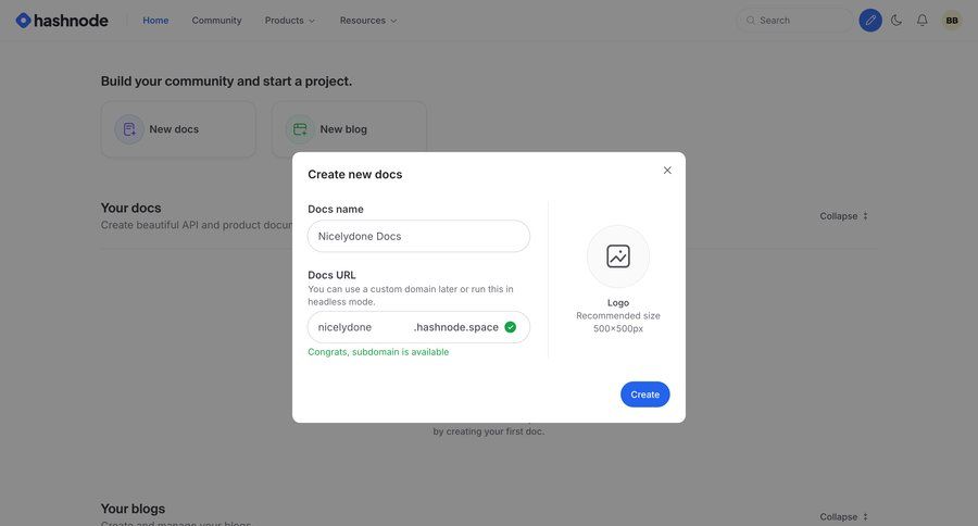 Hashnode
			 content management form project setup file upload doc documentation docs ui page example