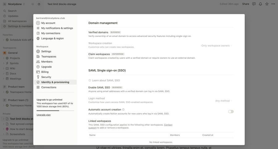 Notion
			 authentication settings security configuration workspace settings saml sso settings modal hierarchical content enterprise settings ui page example