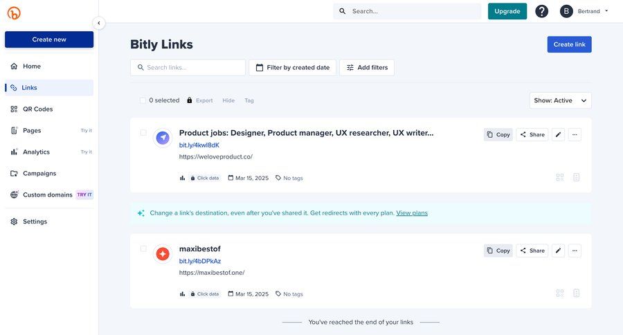 Bitly
			 sidebar navigation grid filter controls manage links user profile user menu user termination profile page date filter controls ui page example