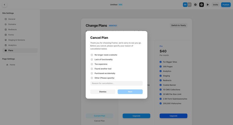 Framer
			modal & popover cancel subscription billing settings settings sidebar navigation account management form account settings subscription management user account upgrade modal sidebar ui page example