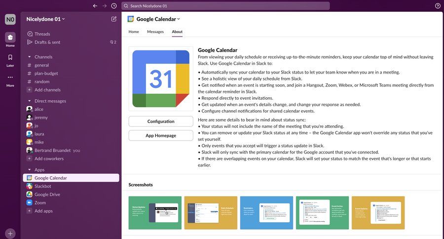 Slack
			 team collaboration sidebar navigation integration setup calendar management sidebar integration ui page example