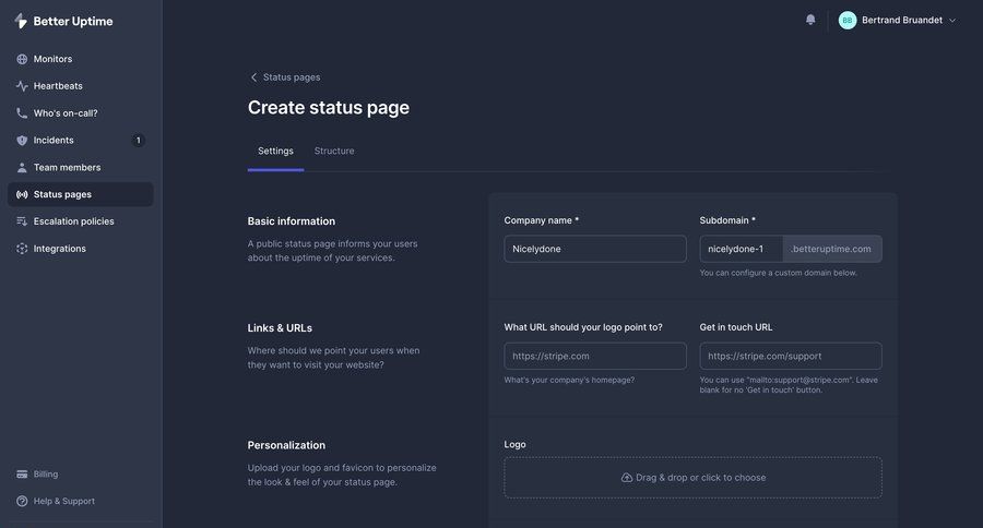 Better Stack
			 configuration settings form drag and drop dark theme billing history drag & drop sidebar monitoring modern timezone selector analytics code snippet status page ui page example