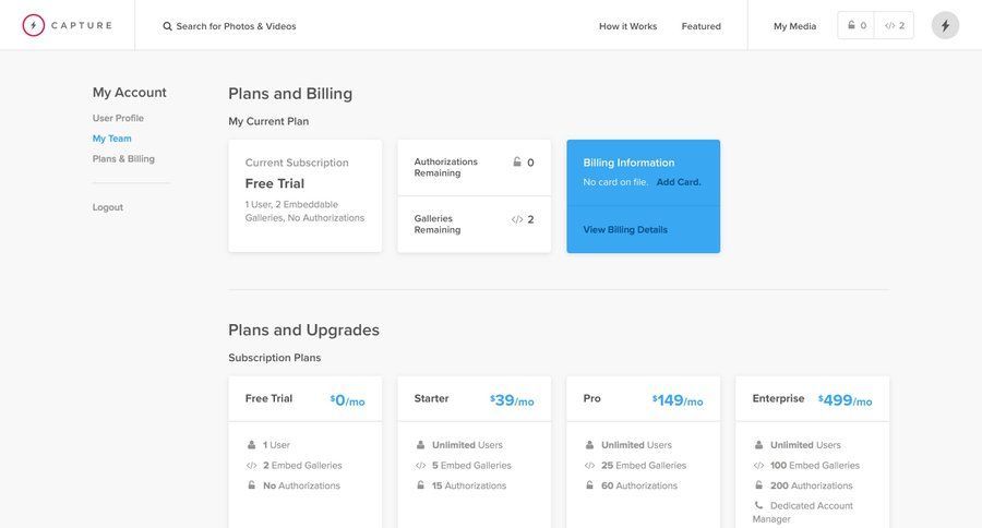 Capture
				plans & pricing (in app) page example