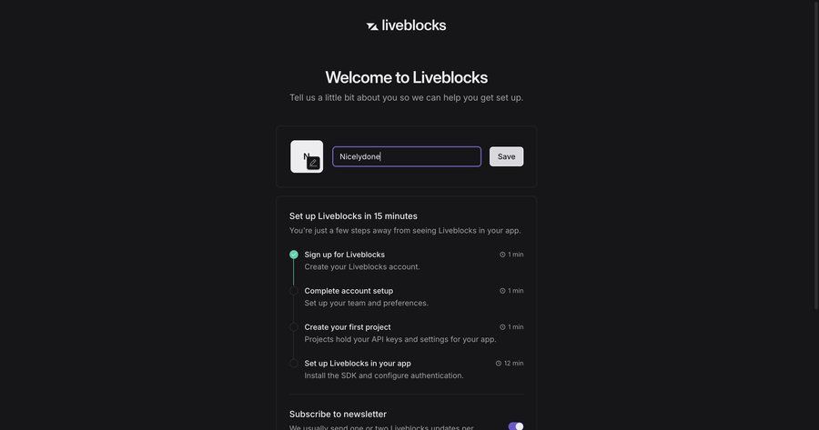 Liveblocks
			 account setup workspace creation getting started ui page example