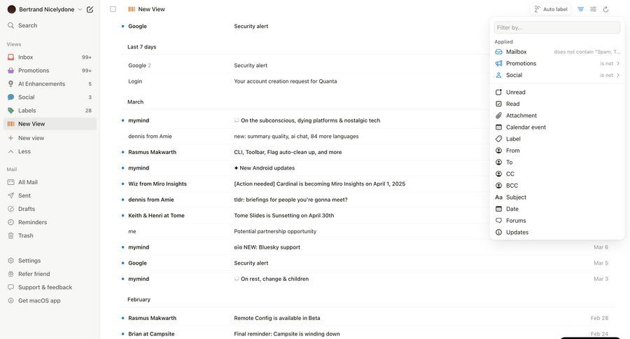 Notion Mail
			 sidebar navigation automation email management filter controls email inbox lists sorting filters controls ui page example
