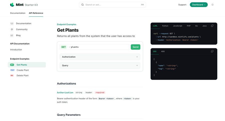 Mintlify
			 sidebar navigation expandable sections sidebar documentation code snippet ui page example