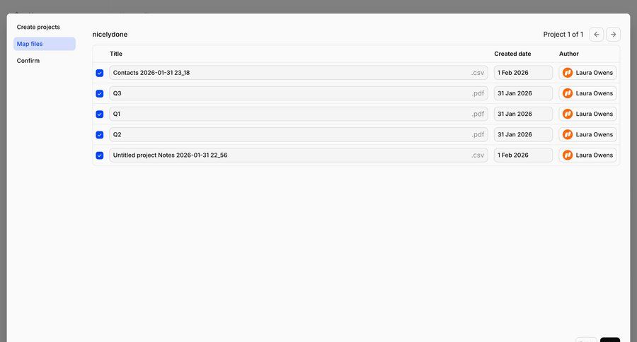 Dovetail
			 data management configuration project management project setup modal dialog file management project creation workflow screen wizard sidebar data import table pagination ui page example