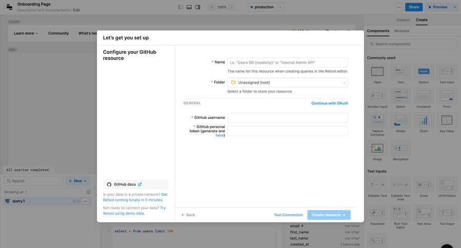 Retool
			 authentication modal dialog onboarding form configuration data integration rich text oauth integration ui page example