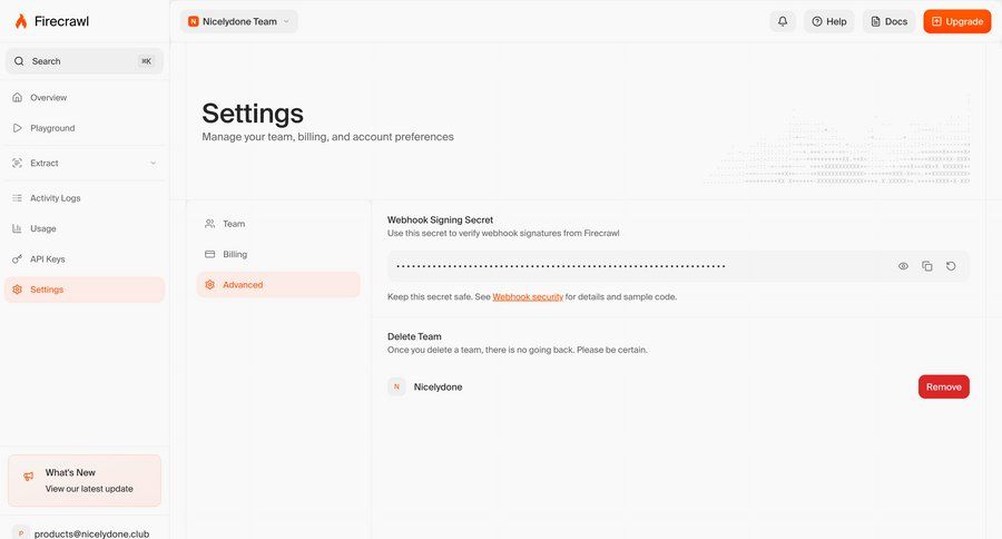Firecrawl
			 settings security team management account settings webhook security ui page example