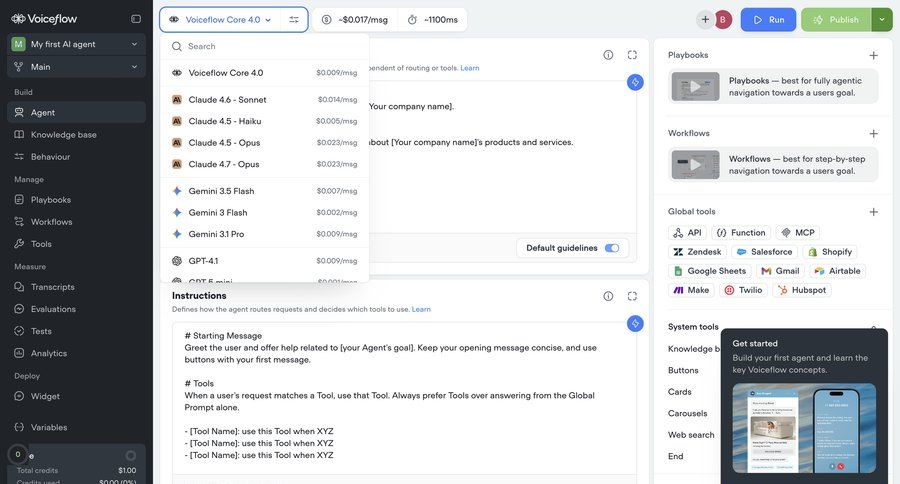 Voiceflow
			settings list dropdown & other states onboarding help api workflow automation bot builder ui page example