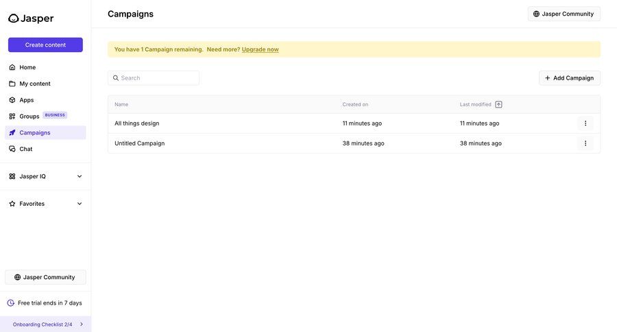 Jasper
			 content management sidebar navigation content hierarchy campaign management table campaign creation ui page example