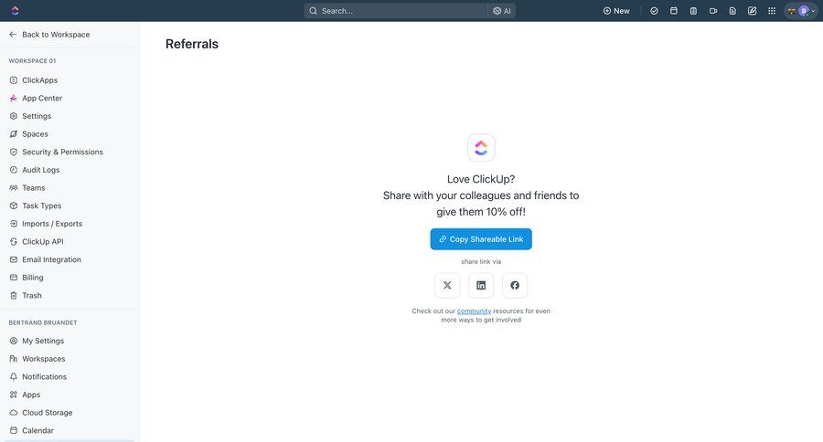 ClickUp
			referral & invite your friends settings sidebar navigation account settings audit log sidebar check out ui page example