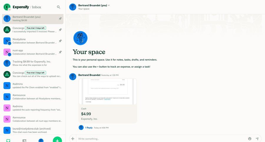 Expensify
			 team collaboration sidebar navigation account management finance subscription management expense management inbox free trial task communication sidebar personal space communication chat recent activity social feed activity stream check out ui page example