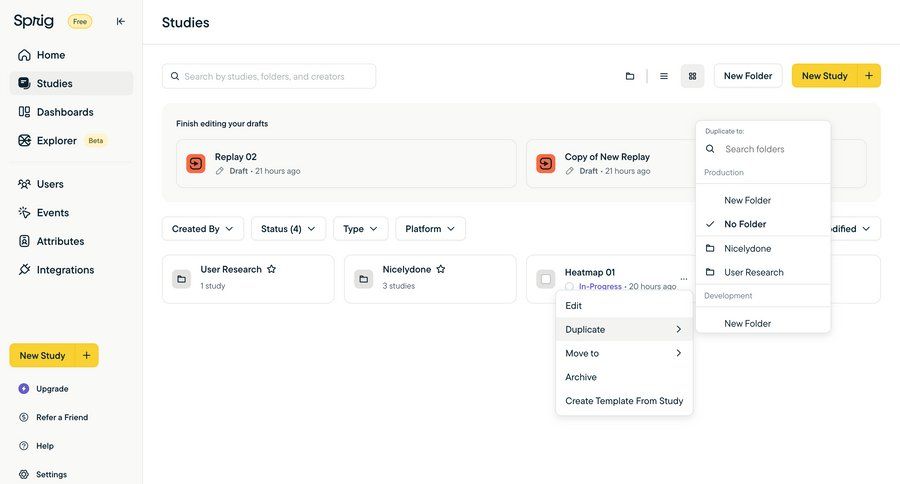 Sprig
			 project management user research data analysis folder management project organization dropdown filters sidebar research menu folder modern duplicate analytics ui page example