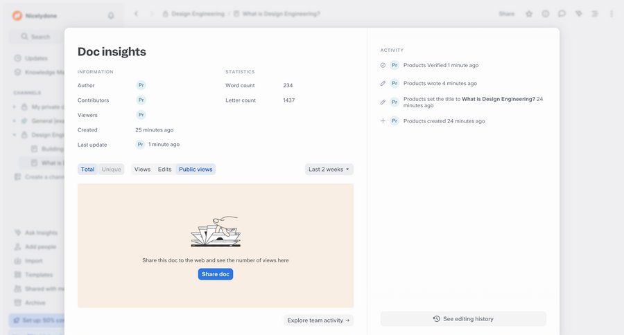 Slite
			 collaboration analytics document sharing trial banner audit log ui page example