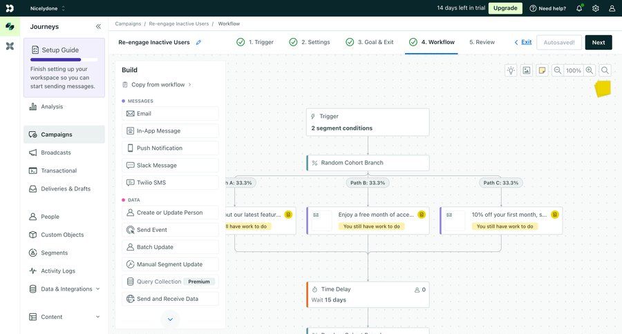 Customer.io
			 sidebar navigation workflow automation workflow builder workflow automation marketing automation drag and drop customer engagement workflow configuration workflow screen workflow steps campaign management sidebar create setup messages recent activity social feed activity stream modern accordion ui page example