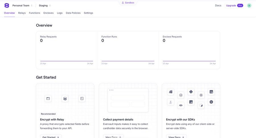 Evervault
			 dashboard onboarding personal space documentation cards ui version control ui page example