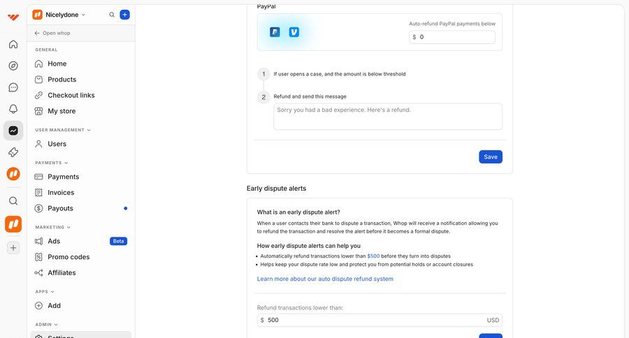 Whop
			 configuration settings e-commerce user management form fintech sidebar navigation bar modern contextual help configuration screen payment processing ui page example