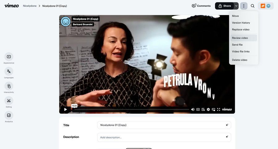 Vimeo
			 content management sidebar navigation form full-screen layout video player sidebar menu review ui page example