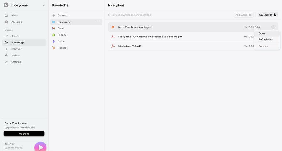 Lemni
			 data management content management sidebar navigation onboarding account setup file upload document management file management knowledge base file organization full-screen layout upload image file list screen data display knowledge management call intelligence sidebar lists menu file uploader upload file upload media upload documents file picker ui page example