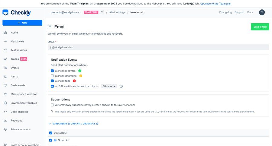 Checkly
			 configuration settings sidebar navigation form hierarchical content subscription management email trial checkout sidebar create monitoring notification settings ui page example