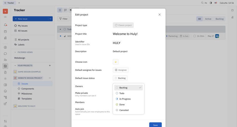 Huly
			settings edit collection settings sidebar navigation project management form project setup modal dialog full-screen layout issue tracking project creation save changes sidebar ui page example