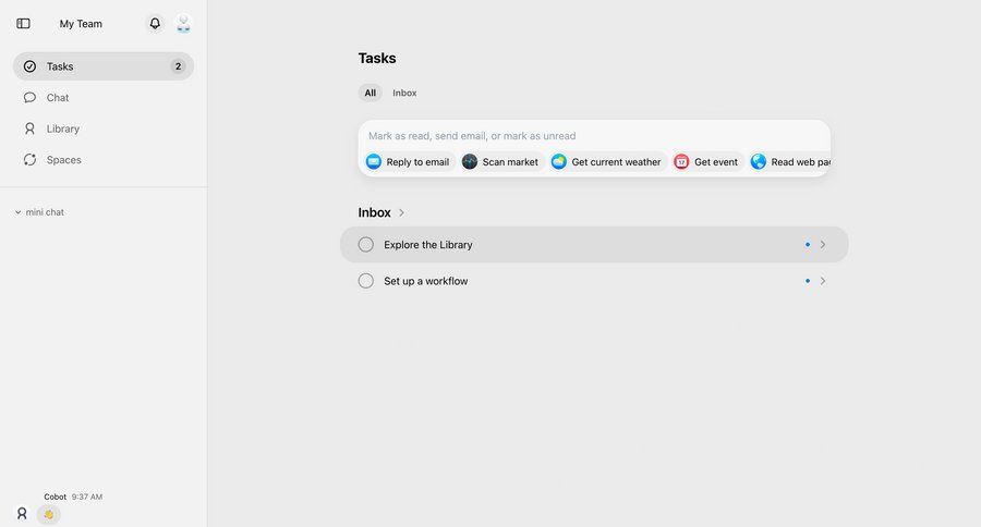 Cobot
			list form team activity feed task management sidebar navigation inbox quick actions ui page example