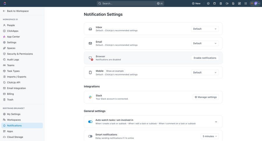 ClickUp
			notification settings configuration settings sidebar navigation project management user settings workspace settings notification management integration management audit log sidebar alert message notification settings ui page example