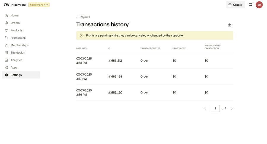 Fourthwall
			 settings e-commerce data display alert data visualization table transaction history pagination ui page example