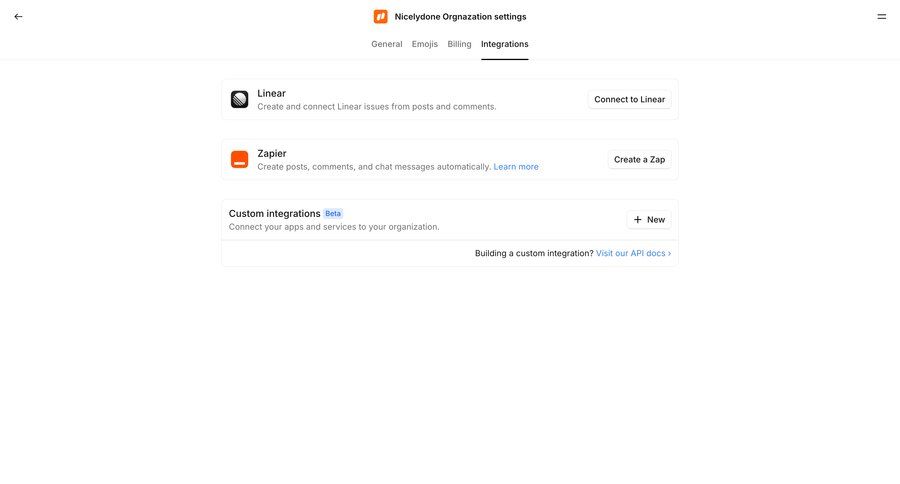 Campsite
			 settings integration setup create integration connect service organization settings ui page example