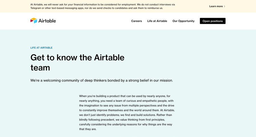 Airtable
			about & company mission values careers career jobs job ui page example
